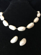 Load image into Gallery viewer, Snow white mother of pearl necklace and earrings in sterling silver setting.