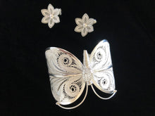Load image into Gallery viewer, Butterfly lace technique design silver filigree cuff bracelet with matching earrings.