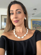 Load image into Gallery viewer, Snow white mother of pearl necklace and earrings in sterling silver setting.