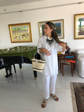 Load image into Gallery viewer, Amelia paja toquilla basket bag embellished with mother of pearl roses.