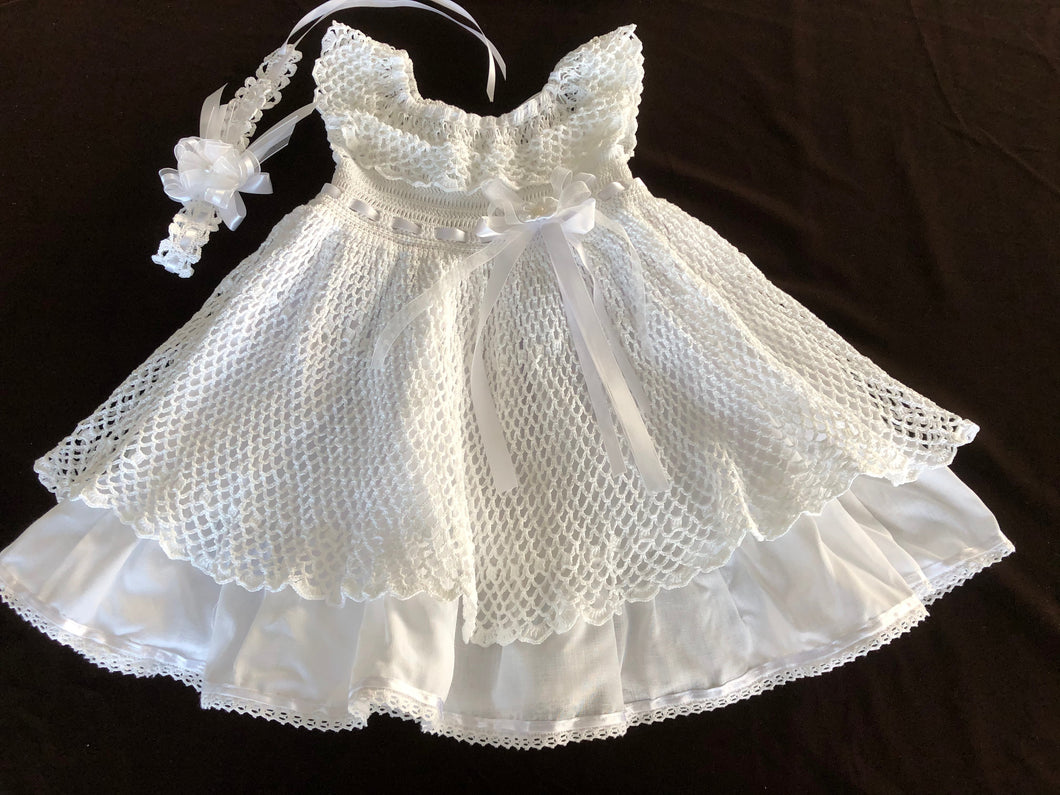 Charlotte white classic heirloom crocheted timeless dress with matching head piece.