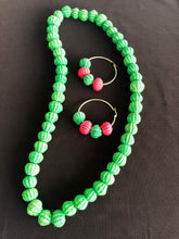 Load image into Gallery viewer, Laura green red paja toquilla necklace and large hoop matching earrings
