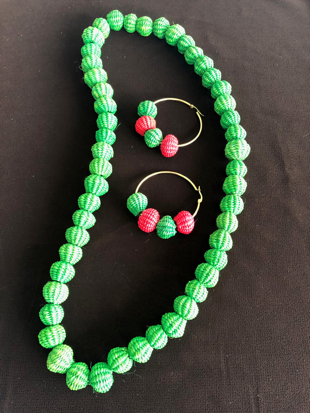 Laura green red paja toquilla necklace and large hoop matching earrings