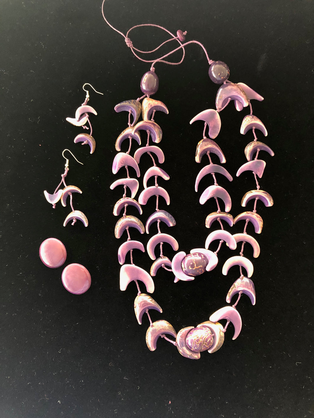 Elisa violet tagua necklace with drop dangle and post matching earrings.