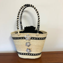 Load image into Gallery viewer, Amelia paja toquilla basket bag embellished with mother of pearl roses.
