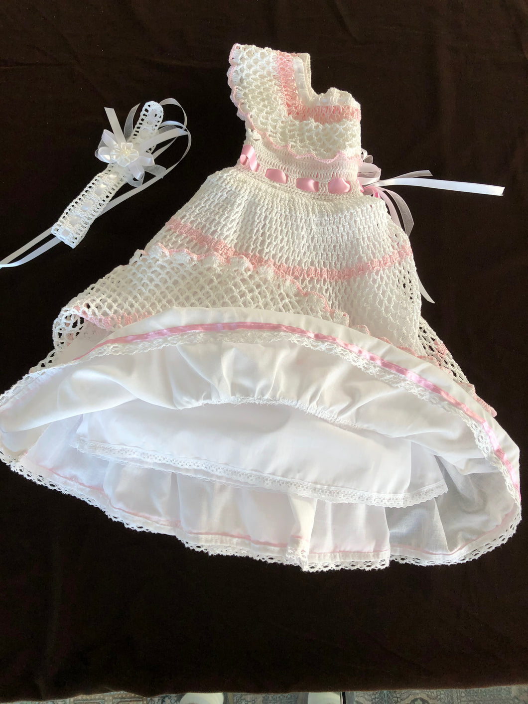 Catherine white rose classic heirloom crocheted timeless dress with matching headband.