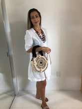 Load image into Gallery viewer, Olivia paja toquilla round basket bag with paja toquilla and velvet embellishments.
